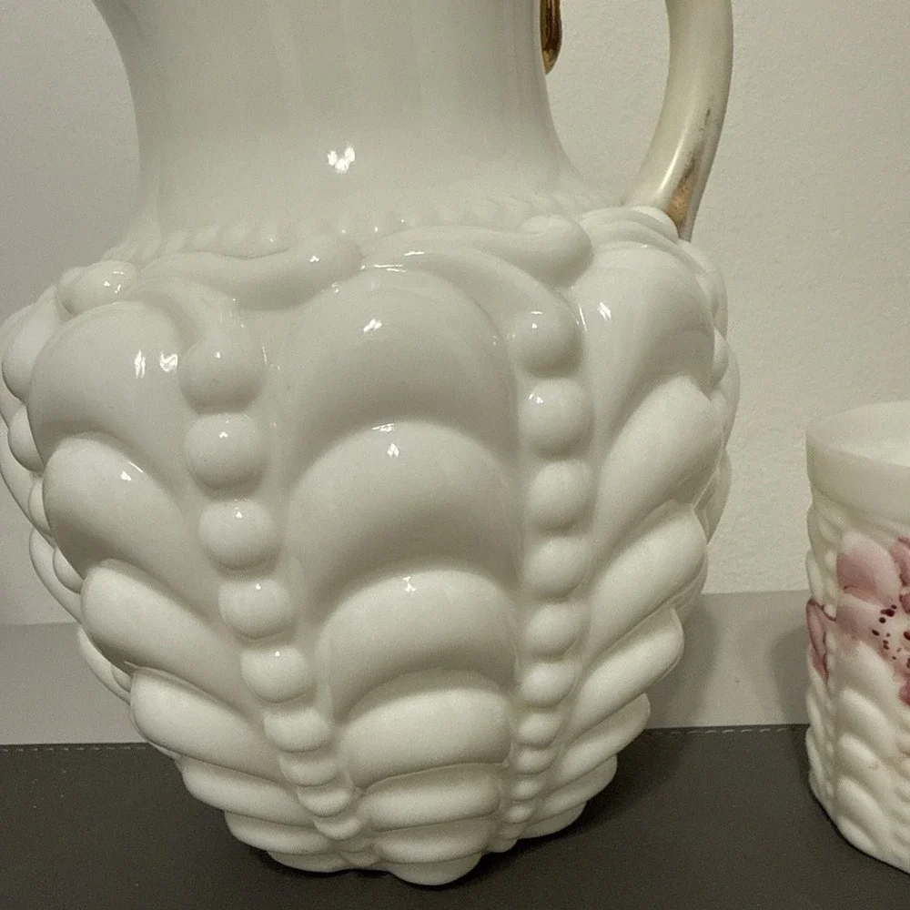Antique Consolidated Glass Guttate Milk Glass Pitcher & Tumbler Set White Gold